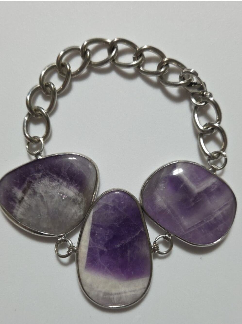Amethyst Stone Bracelet Silver Tone Chunky Chain Boho Statement Jewelry